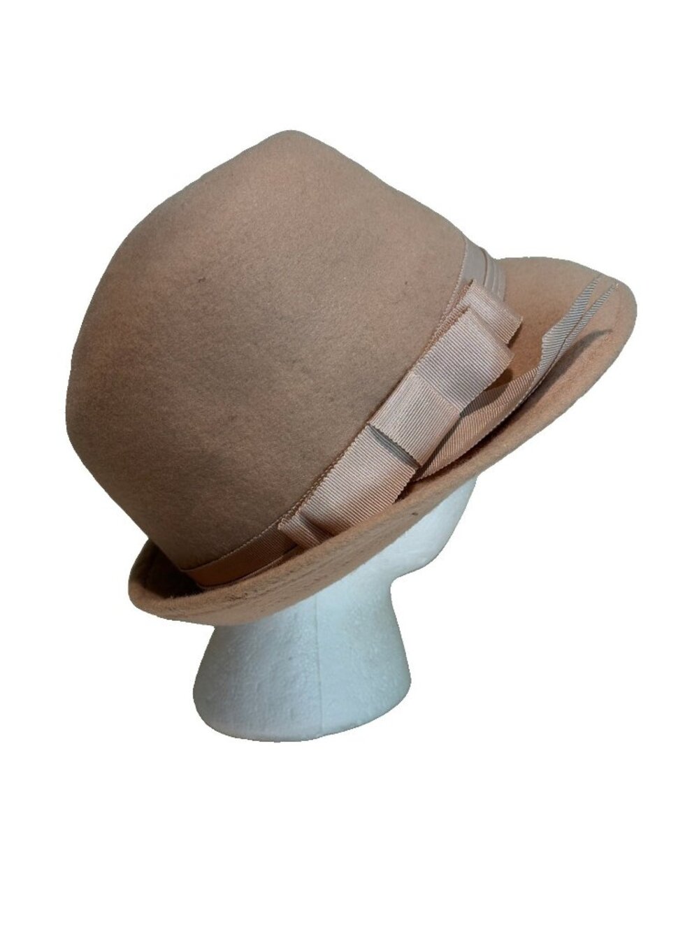 Vintage Lancaster Wool Felt Cloche Bowler Hat Beige Grossgrain Ribbon 1950s